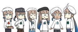  :&gt; baker_nemo_(fate) beret blue_eyes blue_hair braid captain_nemo_(fate) closed_eyes closed_mouth commentary dirty engineer_nemo_(fate) fate/grand_order fate_(series) feathers glasses gm_ii gradient_hair gundam hair_ribbon hamu_koutarou hand_on_own_hip hat highres holding light_brown_hair long_hair low_twintails marine_nemo_(fate) mole mole_under_mouth multicolored_hair name_connection nemo_(fate) nemo_(mobile_suit) nemo_ii nemo_iii nurse_nemo_(fate) opaque_glasses open_mouth professor_nemo_(fate) ribbon short_twintails sidelocks simple_background single_braid smile sweater turban twintails white_background white_headwear white_sweater zeta_gundam 