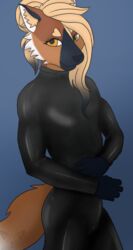  anthro biped black_clothing blonde_hair blue_background bodysuit canid canine clothed clothing deanwolfwood digital_media_(artwork) dipstick_tail facial_markings female fully_clothed hair head_markings heart_(marking) latex leather male mammal markings orange_eyes plastic portrait simple_background skinsuit solo tail tail_markings three-quarter_portrait three-quarter_view tight_clothing 