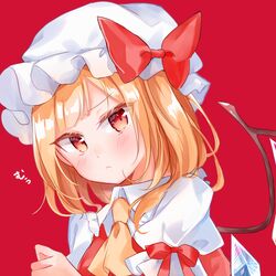  :&lt; ascot blonde_hair blush bow closed_mouth collared_shirt commentary_request crystal female flandre_scarlet hand_up hat highres long_hair mob_cap moko_(mokochisa) one_side_up orange_ascot puffy_short_sleeves puffy_sleeves red_background red_bow red_eyes red_vest shirt short_sleeves simple_background solo touhou translated upper_body vest white_hat white_shirt wings 