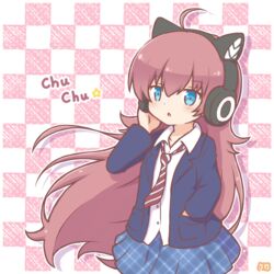  ahoge animal_ear_headphones animal_ears bang_dream! blue_eyes blue_jacket cat_ear_headphones checkered_background chestnut_mouth fake_animal_ears female headphones jacket long_hair long_sleeves mitarashi_neko necktie open_mouth red_hair school_uniform shirt skirt solo striped striped_necktie tamade_chiyu white_shirt 