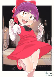  bow dress female gegege_no_kitarou hairbow looking_at_viewer mizu_kane nekomusume nekomusume_(gegege_no_kitarou_6) open_mouth pointy_ears purple_hair red_bow red_dress short_hair smile solo yellow_eyes 