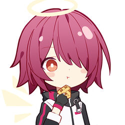  :t angel apple_pie arknights blush_stickers eating exusiai_(arknights) female fingerless_gloves food gloves hair_over_one_eye halo jacket lowres orange_eyes photoshop_(medium) pie quan_(kurisu_tina) red_hair solo wings 