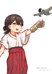  a5m aircraft airplane artist_name bad_id bad_pixiv_id black_hair blue_ribbon brown_eyes brown_gloves commentary_request dated female folded_ponytail gloves hair_ribbon hakama hakama_short_skirt hakama_skirt highres izumikuma japanese_clothes kantai_collection kasuga_maru_(kancolle) long_hair red_hakama ribbon simple_background single_glove skirt smile solo swept_bangs taiyou_(kancolle) white_background 