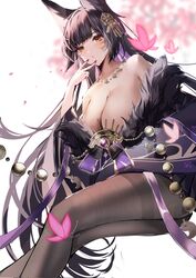  animal_ear_fluff animal_ears azur_lane beads black_hair breasts cleavage facial_mark female fox_ears fox_girl fur_trim hair_ornament highres japanese_clothes jewelry kimono large_breasts long_hair looking_at_viewer magatama magatama_necklace musashi_(azur_lane) nail_polish necklace pantyhose prayer_beads solo thighband_pantyhose very_long_hair xiongshouji yellow_eyes 