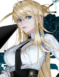  blonde_hair blue_eyes breasts chignon dolphin_5098 dungeon_and_fighter earrings female glasses hair_bun highres jewelry large_breasts long_sleeves necktie serious shirt sidelocks single_hair_bun solo taut_clothes taut_shirt upper_body white_shirt wing_collar 