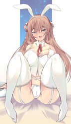  animal_ears breasts brown_hair cameltoe corset detached_collar fake_animal_ears female futami_kazuha garter_belt girls&#039;_frontline green_eyes hair_rings highres large_breasts long_hair panties rabbit_ears sidelocks sitting solo springfield_(girls&#039;_frontline) thighhighs underwear white_corset white_panties white_thighhighs 