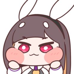  :3 animal_ears baekto_(last_origin) blush_stickers brown_hair cheek_squash chibi diyap_(style) dress elflorri female korean_commentary last_origin long_hair looking_at_viewer rabbit_ears red_eyes simple_background white_dress 