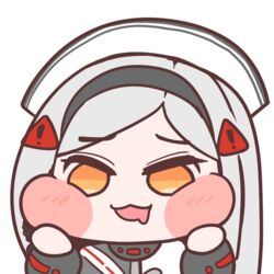  black_lilith_(last_origin) blush_stickers cheek_squash chibi diyap_(style) dress drooling elflorri female grey_hair korean_commentary last_origin long_hair looking_at_viewer orange_eyes saliva simple_background 