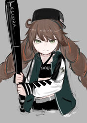  absurdres ahe_gao arknights baseball_bat beret black_camisole black_footwear black_hat black_jacket braid brown_eyes brown_hair camisole closed_mouth cuora_(arknights) female hat highres jacket long_sleeves multicolored_hair navel open_clothes open_jacket puffy_long_sleeves puffy_sleeves rikka006 smile solo streaking twin_braids upper_body 