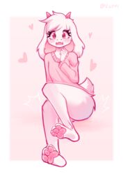  absurd_res anthro blush bottomless bovid caprine clothed clothing deltarune femboy floppy_ears fur goat heart_eyes heart_symbol hi_res horn looking_at_viewer male mammal ralsei sitting solo sweater topwear undertale_(series) valeria_fills white_body white_fur 