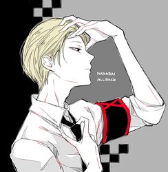  1boy arm_up armband awara_kayu black_armband black_background blonde_hair closed_mouth collared_shirt commentary_request from_side grey_background hand_on_own_forehead hand_up long_sleeves male_focus nakarai_keijin necktie red_armband roman_numeral shirt short_hair simple_background solo tokyo_ghoul tokyo_ghoul:re upper_body 