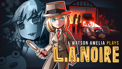  6+girls absurdres ao-chan_(ninomae_ina&#039;nis) blonde_hair bloop_(gawr_gura) blue_eyes blunt_bangs book breasts character_name cole_phelps cole_phelps_(cosplay) corpse cosplay enma-chan fedora formal gawr_gura hat highres hololive hololive_english holomyth james_choo jewelry l.a._noire looking_to_the_side medium_breasts mori_calliope multiple_girls necklace ninomae_ina&#039;nis open_hand open_mouth parody pearl_necklace purple_hair sharp_teeth standing suit takanashi_kiara teeth v-shaped_eyebrows virtual_youtuber watson_amelia 