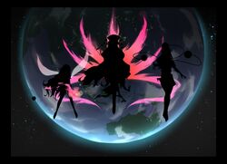  3girls arm_up aura bare_shoulders barefoot black_dress black_footwear black_hair black_headwear black_pants black_shirt black_skirt chains clownpiece dress earth_(planet) energy fairy_wings fire flying hand_up hat hecatia_lapislazuli highres jester_cap junko_(touhou) legacy_of_lunatic_kingdom long_hair long_sleeves medium_hair multiple_girls no_shoes off_shoulder otomeza_ryuseigun pants planet shirt shoes short_sleeves skirt t-shirt torch touhou wide_sleeves wings 