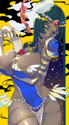  arm_under_breasts arm_wrap armor bandaged_arm bandages between_breasts bikini black_hair blue_armor breastplate breasts bridal_gauntlets circlet cleavage dark-skinned_female dark_skin facial_mark fate/grand_order fate_(series) feathers female forehead_jewel full_moon green_eyes hat highres hisame_(gocbu) jewelry long_hair moon parted_bangs parted_lips pauldrons pelvic_curtain ring scheherazade_(fate) scroll shoulder_armor solo star_(symbol) swimsuit thighs thumb_ring yellow_background 