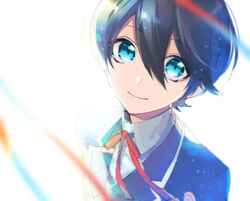  1boy backlighting black_hair blue_eyes blurry close-up depth_of_field hebino_rai horikawa_kunihiro male_focus ribbon short_hair smile solo touken_ranbu 