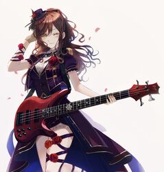  ;) bang_dream! bass_guitar belt belt_buckle black_belt black_ribbon blackfangs blush breasts brown_gloves brown_hair buckle buttons center_frills cleavage closed_mouth collar commentary_request cowboy_shot cropped_jacket earrings epaulettes esp_btl esp_guitars falling_petals female flower frilled_collar frilled_skirt frills gem glint gloves gold_trim gradient_background green_eyes grey_background hair_between_eyes half_updo hand_up hat hat_flower hat_ribbon highres holding holding_instrument imai_lisa instrument jacket jewelry layered_skirt leg_ribbon leg_up light_particles long_hair looking_at_viewer medium_breasts mini_hat neck_ribbon one_eye_closed open_clothes open_jacket petals puffy_short_sleeves puffy_sleeves purple_hat purple_jacket purple_ribbon purple_skirt purple_vest red_flower red_gemstone red_rose ribbon rose rose_petals shirt short_sleeves sidelocks single_glove skirt smile solo standing standing_on_one_leg tilted_headwear two-sided_fabric two-sided_skirt v-shaped_eyebrows vest wavy_hair white_shirt wrist_ribbon 