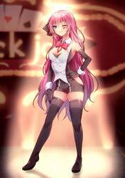  ;) absurdres aryuma772 bare_hips black_footwear black_gloves black_shorts black_vest blackjack_(vocaloid) blue_eyes blurry blurry_background boots bow bowtie breasts cleavage closed_mouth commentary contrapposto elbow_gloves female full_body gloves hair_between_eyes hand_on_own_hip highres long_hair medium_breasts megurine_luka one_eye_closed pink_hair project_diva_(series) red_bow red_bowtie short_shorts shorts smile solo standing temptation_(module) thigh_boots thighhighs very_long_hair vest vocaloid wing_collar wrist_cuffs zettai_ryouiki 