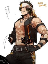  1boy ag_ss41 armband bara belt black_belt brown_hair closed_eyes collarbone enjoji_michiru fingerless_gloves gloves headband highres idol idolmaster idolmaster_side-m jewelry male_focus muscular muscular_male necklace no_shirt open_mouth pectorals short_hair smile solo sweat translation_request vest white_background 