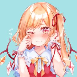  blonde_hair blue_background blush bow closed_mouth collared_shirt commentary_request crying crying_with_eyes_open crystal fang_out female flandre_scarlet hair_ribbon hands_up highres long_hair moko_(mokochisa) no_headwear oerba_yun_fang one_eye_closed one_side_up puffy_short_sleeves puffy_sleeves red_eyes red_ribbon red_vest ribbon shirt short_sleeves simple_background solo tears touhou translated upper_body vest white_shirt wings wiping_tears wrist_cuffs yellow_bow 