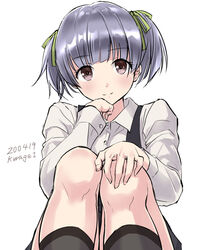  artist_name bad_id bad_twitter_id brown_eyes dated dress female grey_hair grey_socks kantai_collection kneehighs kurage1 looking_at_viewer ooshio_(kancolle) pinafore_dress shirt short_hair short_twintails simple_background sitting sleeveless sleeveless_dress socks solo twintails white_background white_shirt 