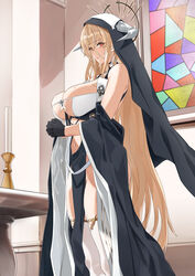  azur_lane bare_shoulders black_gloves blazingchaos blonde_hair breasts candle closed_mouth commentary english_commentary fake_horns feet_out_of_frame female from_side gloves habit hair_between_eyes half_gloves halo highres horns huge_breasts implacable_(azur_lane) indoors interlocked_fingers lips long_hair looking_at_viewer mechanical_halo mixed-language_commentary navel nun own_hands_together pelvic_curtain red_eyes revealing_clothes solo stained_glass standing thighhighs very_long_hair white_horns white_thighhighs 