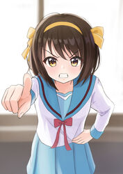  angry blue_sailor_collar blue_skirt brown_eyes brown_hair clenched_teeth commentary_request female hair_ribbon hairband hand_on_own_hip highres kita_high_school_uniform long_sleeves looking_at_viewer outstretched_arm pointing pointing_at_viewer red_ribbon ribbon sailor_collar school_uniform serafuku shiron_23 shirt short_hair skirt solo suzumiya_haruhi suzumiya_haruhi_no_yuuutsu teeth white_shirt winter_uniform yellow_hairband yellow_ribbon 