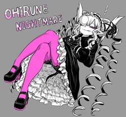  bubble character_name demon_girl demon_horns drill_hair female gothic_lolita highres horns limited_palette lolita_fashion musuko_ga_kawaikute_shikatanai_mazoku_no_hahaoya nightmare_(mazohaha) pantyhose petticoat saliva sleeping white_horns zyugoya zzz 