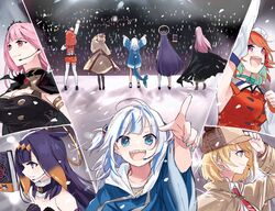  5girls ao-chan_(ninomae_ina&#039;nis) black_dress blonde_hair blue_eyes blue_hair blue_hoodie blunt_bangs book brown_coat closed_mouth coat detached_sleeves dress fins fish_tail from_behind gawr_gura gawr_gura_(1st_costume) green_hair grey_hair hair_ornament halo hat headset hololive hololive_english holomyth hood hoodie long_hair mori_calliope mori_calliope_(1st_costume) multicolored_hair multiple_girls ninomae_ina&#039;nis ninomae_ina&#039;nis_(1st_costume) open_mouth orange_hair orange_shirt pink_eyes pink_hair pointing purple_eyes purple_hair shark_tail shirt short_hair short_twintails tail takanashi_kiara takanashi_kiara_(1st_costume) tentacle_hair thighhighs twintails two-tone_hair virtual_youtuber watson_amelia watson_amelia_(1st_costume) yuuyu_(777) 