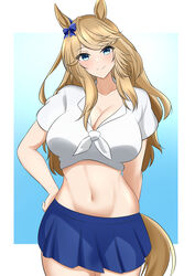  alternate_costume animal_ears arn7 blonde_hair blue_bow blue_eyes blue_skirt blush bow breasts cleavage commentary_request cowboy_shot crop_top female gold_city_(umamusume) groin hairbow highres horse_ears horse_girl large_breasts long_hair looking_at_viewer midriff miniskirt navel pleated_skirt shirt short_sleeves skirt smile solo standing stomach swept_bangs tail umamusume very_long_hair white_shirt 