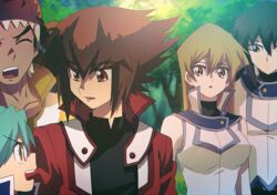  4boys aoki_(fumomo) blonde_hair breasts brown_eyes duel_academy_uniform_(yu-gi-oh!_gx) female long_hair marufuji_sho multiple_boys official_style open_mouth school_uniform smile tenjouin_asuka tenjouin_fubuki tyranno_kenzan yu-gi-oh! yu-gi-oh!_gx yuki_judai 