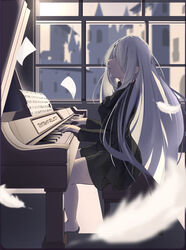  absurdres black_dress dress female hair_ornament hair_over_one_eye highres instrument long_hair noir_(noworld) noworld piano qiyuan_yingluo quill sitting solo virtual_youtuber white_hair window 