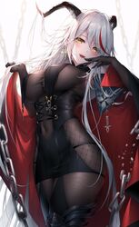  aegir_(azur_lane) azur_lane black_cape black_gloves black_skirt bodystocking boots breast_curtains breasts cape chains covered_navel cross cross-laced_clothes cross_earrings demon_horns earrings elbow_gloves female from_below gloves hair_on_horn highres holding holding_own_hair horns iron_cross jewelry knee_boots large_breasts long_hair looking_at_viewer multicolored_hair open_mouth oyuwari red_hair simple_background single_knee_boot skindentation skirt solo streaked_hair taut_clothes underbust very_long_hair white_background white_hair yellow_eyes 