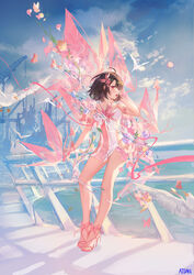  abstract ahoge artist_name atdan bare_arms bare_legs bare_shoulders bird blue_sky brown_hair bug butterfly cloud dress feet female flower full_body hand_up high_heels highres industrial leaning_on_rail looking_at_viewer open_mouth original outdoors pink_footwear red_eyes short_hair sky standing strapless strapless_dress water waves 