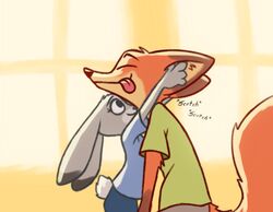  2019 anthro bernie-buddy bottomwear canid canine clothed clothing dipstick_ears disney duo ear_markings ear_scratch fox fully_clothed happy inner_ear_fluff judy_hopps lagomorph leporid mammal multicolored_ears nick_wilde pants rabbit red_fox shirt smile tongue tongue_out topwear true_fox tuft zootopia 