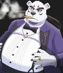  2022 anthro bear black_nose borealis_(live_a_hero) bow_tie clothing hi_res humanoid_hands inugamihito kemono lifewonders live_a_hero male mammal overweight overweight_male polar_bear shirt smoking solo topwear ursine white_body 