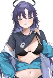  absurdres black_bra black_shirt blue_archive blue_eyes blue_hair blue_jacket blush bra breasts clothes_lift commentary female grin halo highres hoangryu id_card jacket jacket_partially_removed lifting_own_clothes long_hair looking_at_viewer mechanical_halo medium_breasts navel off_shoulder official_alternate_costume ponytail shirt shirt_lift short_sleeves simple_background smile solo star_sticker t-shirt underwear upper_body very_long_hair white_background yuuka_(blue_archive) yuuka_(track)_(blue_archive) 