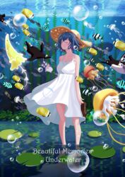  absurdres air_bubble bird bubble closed_eyes commentary dress english_commentary english_text female fish haerge hat highres jellyfish lily_pad medium_hair misakino_kukuru penguin seaweed shiroi_suna_no_aquatope smile standing straw_hat summer sun_hat tropical_fish underwater wading white_dress 