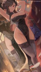  armpits arms_behind_head arms_up artist_name ass bare_shoulders black_dress blush breasts brown_hair china_dress chinese_clothes cleavage cleavage_cutout clothing_cutout double_bun dress embroidered_legwear female final_fantasy final_fantasy_vii final_fantasy_vii_remake grey_thighhighs hair_bun large_breasts long_hair mirai_hikari mirror official_alternate_costume parted_lips patreon_logo patreon_username pelvic_curtain purple_dress red_eyes reflection sidelocks skindentation solo swept_bangs thighhighs thighs tifa_lockhart tifa_lockhart_(refined_dress) tifa_lockhart_(sporty_dress) web_address 