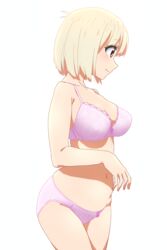  absurdres blonde_hair bra breasts closed_mouth collarbone commentary cowboy_shot curvy female floral_print frilled_bra frills from_side highres large_breasts light_blush lips lycoris_recoil navel nishikigi_chisato nose oekakiism panties pink_bra pink_panties profile short_hair smile solo standing underwear underwear_only 