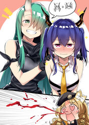  3girls alternate_hairstyle animal_ears arknights arm_scarf bare_shoulders beret black_gloves black_shirt blonde_hair blood blue_hair blush ch&#039;en_(arknights) commentary excessive_nosebleed gloves green_eyes green_hair grin hair_over_one_eye hat heart heart-shaped_eyes highres horns hoshiguma_(arknights) long_hair multiple_girls necktie nosebleed purple_eyes shirt smile subaru_(794829485) swire_(arknights) twintails white_shirt yellow_necktie 