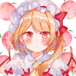  :t ascot blonde_hair blush bow closed_mouth collared_shirt commentary_request female flandre_scarlet food frilled_shirt_collar frills fruit hat long_hair looking_at_viewer mob_cap moko_(mokochisa) one_side_up orange_ascot peach pout puffy_short_sleeves puffy_sleeves red_bow red_eyes red_vest shirt short_sleeves solo touhou translation_request upper_body v-shaped_eyebrows vest white_background white_hat white_shirt 