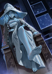  alternate_breast_size bad_id bad_pixiv_id bare_legs barefoot blue_eyes blue_hair blue_skin book chair cloak colored_skin commentary_request cracked_skin elden_ring extra_arms extra_faces feet female fur_cloak hat hat_ornament highres long_hair looking_at_viewer night own_hands_together ranni_the_witch robe sitting snowing soles solo window witch_hat yonoki 