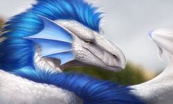  2023 5:3 avoid_posting blue_mane blue_membrane claws digital_media_(artwork) dragon ear_fins fellfallow feral fin hi_res light looking_at_viewer looking_back looking_back_at_viewer male mane membrane_(anatomy) membranous_wings mythological_creature mythological_scalie mythology outside rooth scales scalie sky solo sunlight white_body white_scales wing_claws wings yellow_eyes 