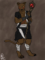  2022 3:4 abstract_background absurd_res anthro armor brown_body brown_fur clothing crystal ear_piercing euplerid fossa fur fur_markings hi_res holding_object holding_staff homebrew linen_wrap looking_aside male mammal markings model_sheet nochein orange_eyes piercing signature solo staff standing uncrom vambrace ven_ulfriksson yenocwolf 