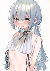  :d absurdres bare_shoulders blush breasts commentary covered_nipples dancho_(dancyo) female grey_hair highres navel open_mouth original raised_eyebrows revealing_clothes simple_background small_breasts smile solo sweat sweatdrop twintails white_background yellow_eyes 