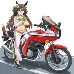  absurdres animal_ears aqua_eyes black_footwear bow brown_hair choker commentary_request crop_top crossed_arms female green_bow green_shirt hair_between_eyes hat hat_bow high_heels highres honda honda_cb750k horse_ears horse_girl horse_tail long_hair looking_at_viewer midriff mikeran_(mikelan) mini_hat mini_top_hat motor_vehicle motorcycle mr._c.b._(umamusume) navel pants shadow shirt simple_background single_sleeve smile solo stomach strapless strapless_shirt tail top_hat umamusume very_long_hair white_background white_hat white_pants 