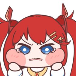  &gt;:( blue_eyes blush_stickers cheek_squash chibi diyap_(style) elflorri female hair_ornament korean_commentary last_origin long_hair looking_at_viewer may_of_doom red_hair simple_background tearing_up twintails v-shaped_eyebrows wavy_mouth 