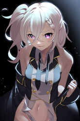  absurdres azur_lane bad_id bad_pixiv_id bare_shoulders black_background black_coat black_necktie blush braid buttons coat female groin hair_between_eyes hand_up highres long_bangs long_hair looking_at_viewer military_uniform navel necktie off_shoulder one_side_up parted_lips partially_undressed purple_eyes sashiro_koma smile solo stomach uniform white_hair z1_leberecht_maass_(azur_lane) z1_leberecht_maass_(retrofit)_(azur_lane) 