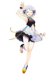  447_records :d ankle_boots armpits bare_shoulders black_bow black_vest boots bow dress female flower full_body grey_hair hair_flower hair_ornament hairbow hand_up highres looking_at_viewer oerba_yun_fang one_eye_closed open_mouth short_dress short_hair simple_background skin_fang sleeveless sleeveless_dress smile sogawa solo standing standing_on_one_leg vest virtual_youtuber waving white_background white_dress white_flower wristband yellow_eyes yuzuha_(vtuber) 