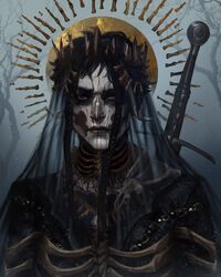  absurdres black_hair bone caio_santos crown facepaint female halo harrow_the_ninth harrowhark_nonagesimus highres looking_at_viewer red_eyes short_hair solo sword the_locked_tomb tree upper_body veil weapon weapon_on_back 